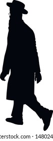 Silhouette of a young Jewish man in a hat, a long coat. Religious Jew in a traditional costume. Hasid with sidelocks and with a beard. Isolated vector illustration. Black on white.