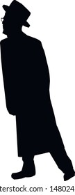 Silhouette of a young Jewish man in a hat, a long coat. Religious Jew in a traditional costume. Hasid with sidelocks. A man walking forward. Isolated vector illustration. Black on white.