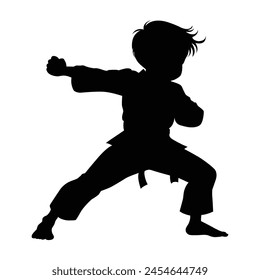 silhouette of a young karate boy on white