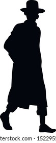 Silhouette of a young male Jew. Religious Jew in a traditional costume. The man in the hat. Isolated vector illustration. black and white color.