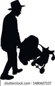 Silhouette of a young male Jew with a stroller. Religious Jews in traditional costume. Hasid with sidelocks. Jew rolls a carriage with a child. Isolated vector illustration. Black on white.