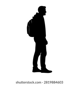 Silhouette of a young man with a backpack standing in profile against a plain background, conveying travel, adventure, or exploration themes.