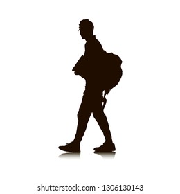 Silhouette of a young man with a bag. The guy is traveling. Shopping. Airport, train station. Vector. Isolated illustration. Isolated background.