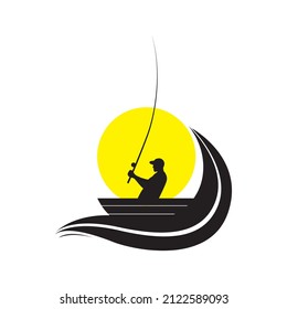 silhouette young man with boat fishing logo design, vector graphic symbol icon illustration creative idea