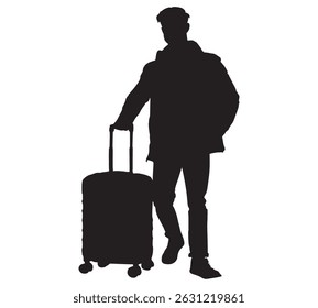 Silhouette of a young man with a briefcase. A man is traveling. Luggage on wheels. Airport, train station. Vector isolated illustration.