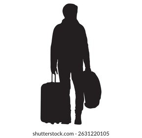 Silhouette of a young man with a briefcase. A man is traveling. Luggage on wheels. Airport, train station. Vector isolated illustration.