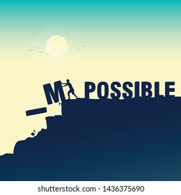 Silhouette young man change impossible to possible text on top mountain, sky and sun light background. Business, success, challenge, motivation, achievement and goal concept. Vector illustration.