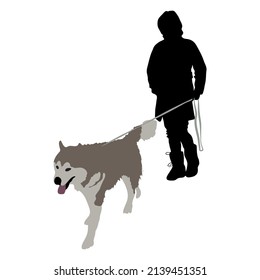 Silhouette of a young man with a dog breed Siberian Husky isolated on white background, vector illustration