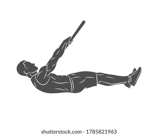 Silhouette young man doing abdominal exercise on horizontal bar on a white background. Functional training with own weight. Street workout training. Calisthenics workout. Vector illustration