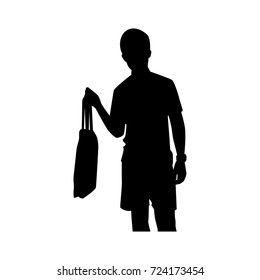 Silhouette young man with ecological bag on white background