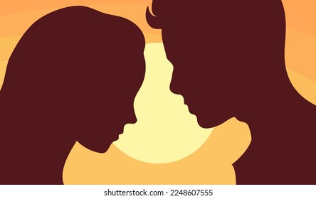 Silhouette of a young man and a girl in front of an orange sunset. Face in profile. Couple in love. Art romantic vector illustration