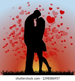 Silhouette of young man and girl on the background of the sunset. Hugs and kisses. Happy Valentines Day. Flyer, banner or poster. Vector illustration.