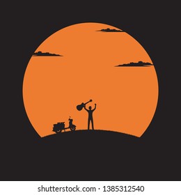 Silhouette young man holding guitar on sunset background, Vector illustration flat 