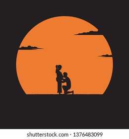 Silhouette young man kissing his pregnant wife's belly on sunset background. Happy family couple waiting for a baby. Vector illustration flat