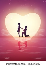 Silhouette of young man proposing to his beloved on beautiful nature background for Happy Valentine's Day celebration.