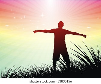 silhouette of young man raising his hands , vector illustration