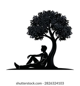 Silhouette of a young man resting peacefully under a lush tree. This minimalist black and white design captures a moment of solitude, reflection, and relaxation.