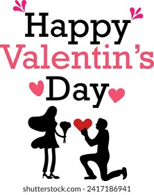 Silhouette of young man with rose proposing to his beloved with happy valentine's day text concept vector illustration.