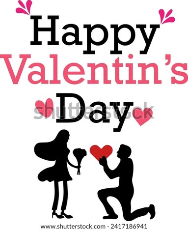 Silhouette of young man with rose proposing to his beloved with happy valentine's day text concept vector illustration.