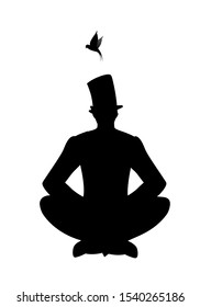 Silhouette of young man, sitting on the floor, wearing top hat and a swallow on his head, isolated on white background