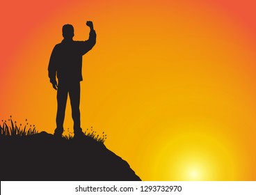 Silhouette of young man standing on the cliff with fist raised up on golden sunrise background, successful, achievement and winning concept vector illustration