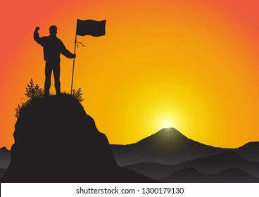 Silhouette of young man standing on top of the mountain holding flag on golden sunrise background, success, achievement and winning concept vector illustration