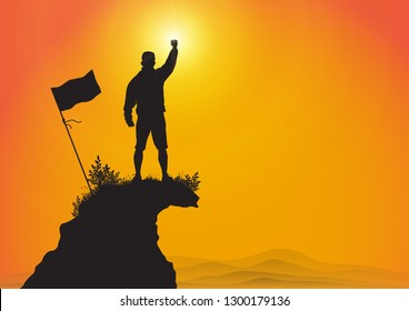 Silhouette of young man standing on top of the mountain with fist raised up with flag on golden sunrise background, success, achievement and winning concept vector illustration