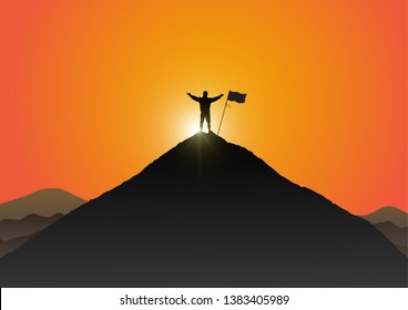 Silhouette of young man standing on the peak of mountain with hands up with flag on golden sunrise background, success, achievement and winning concept vector illustration