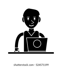 silhouette young man using laptop on desk