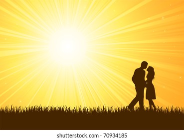 Silhouette of young man and woman on sunburst background, illustration