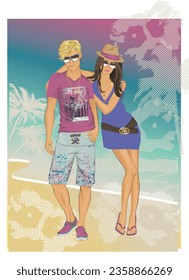 Silhouette Young man and woman. Summer theme. Sketch drawing.