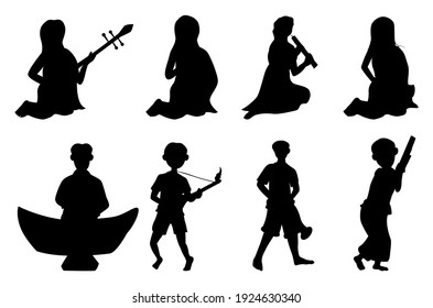 Silhouette Young Man And Woman With Thai Instrument Vector Design