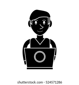 silhouette young man working laptop design