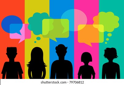 silhouette of young people with speech bubbles