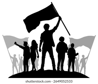 Silhueta de jovens acenando bandeira, demonstração de jovens e aceleração, ícone isolado no fundo	
