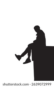 Silhouette of Young Person Sitting on Edge Against White Background