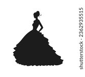 Silhouette of a young pretty woman in long dress with frill, fluffy skirt. Bride silhouette in luxury ball gown for design, prints, posters, decor, web. Slim female vintage style dress