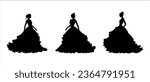 Silhouette of a young pretty woman in long dress with frill, fluffy skirt. Bride silhouette in luxury ball gown for design, prints, posters, decor, web. Slim female vintage style dress