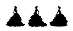 Silhouette Of A Young Pretty Woman In Long Dress With Frill, Fluffy Skirt. Bride Silhouette In Luxury Ball Gown For Design, Prints, Posters, Decor, Web. Slim Female Vintage Style Dress	
