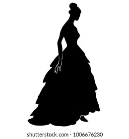 Silhouette of a young pretty woman in long dress with frill, fluffy skirt. Bride silhouette in luxury ball gown for design, prints, posters, decor, web. Slim female model in antique dress with corsage