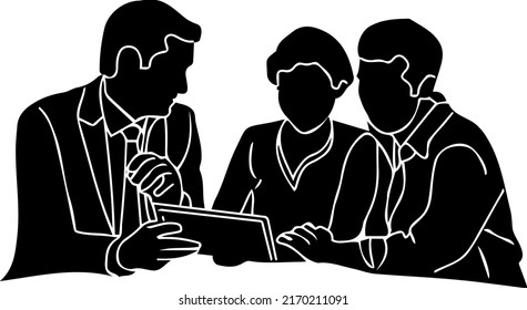 Silhouette Of Young Professionals, Sketch Drawing Of Business People Doing Meeting With Phone Tab