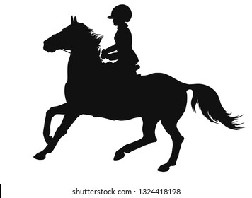 Silhouette of a young rider cantering on a sport pony.	