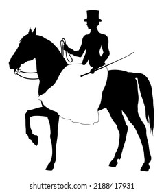 Silhouette of young rider woman in victorian dress on horseback. Elegant horsewoman in historical clothing.
