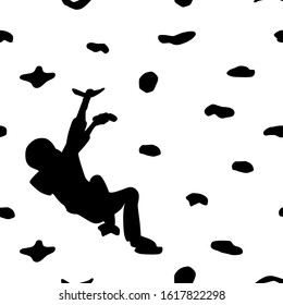 Silhouette of a young rock climber on a climbing wall, simless pattern.