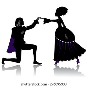  Silhouette of young royal romantic couple, dancing on ball