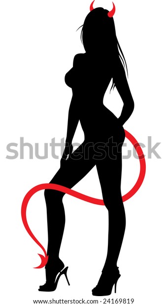 カメラの上にポーズをとる 悪魔のしっぽと角を持つ 細い若い女性のシルエット 側面図 のベクター画像素材 ロイヤリティフリー