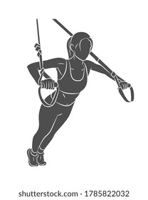 Silhouette young sportive woman doing push-ups using trx fitness straps on a white background. Vector illustration