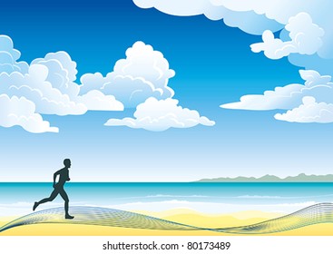 Silhouette of young sportsman running on a tropic beach on a cloudy sky background