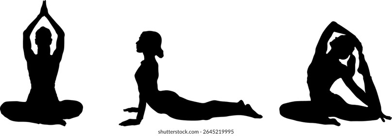 Silhouette of young sportswoman in sportswear, doing yoga and stretching exercises, pilates workout isolated on white background. Collage. Sport, health, hobby, youth, lifestyle, name concepts.