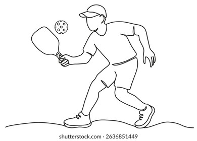 Silhouette of young sporty man playing pickleball in continuous one line drawing isolated on white background. Outline vector illustration.